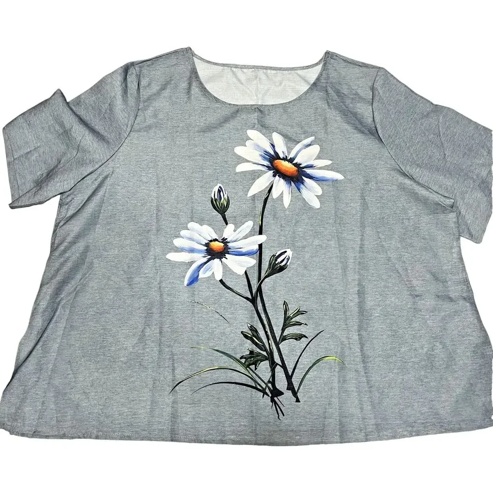 Womens Floral T Shirt 3X Gray Daisy Print Casual Plus Size Top - Picture 2 of 6
